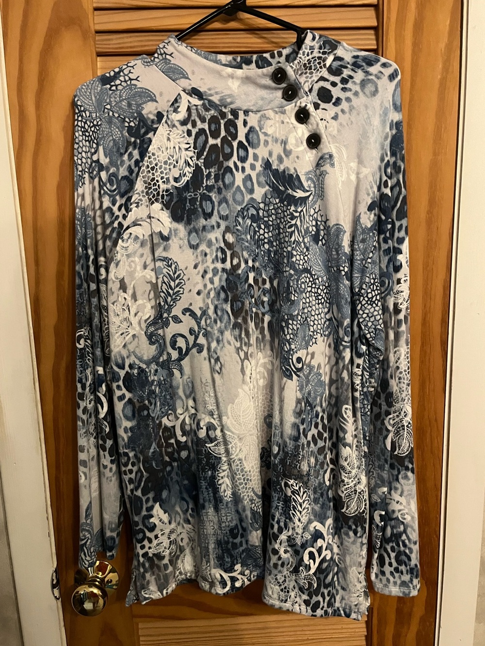 Chico's Blue and White Printed Button-Shoulder Long Sleeve Top